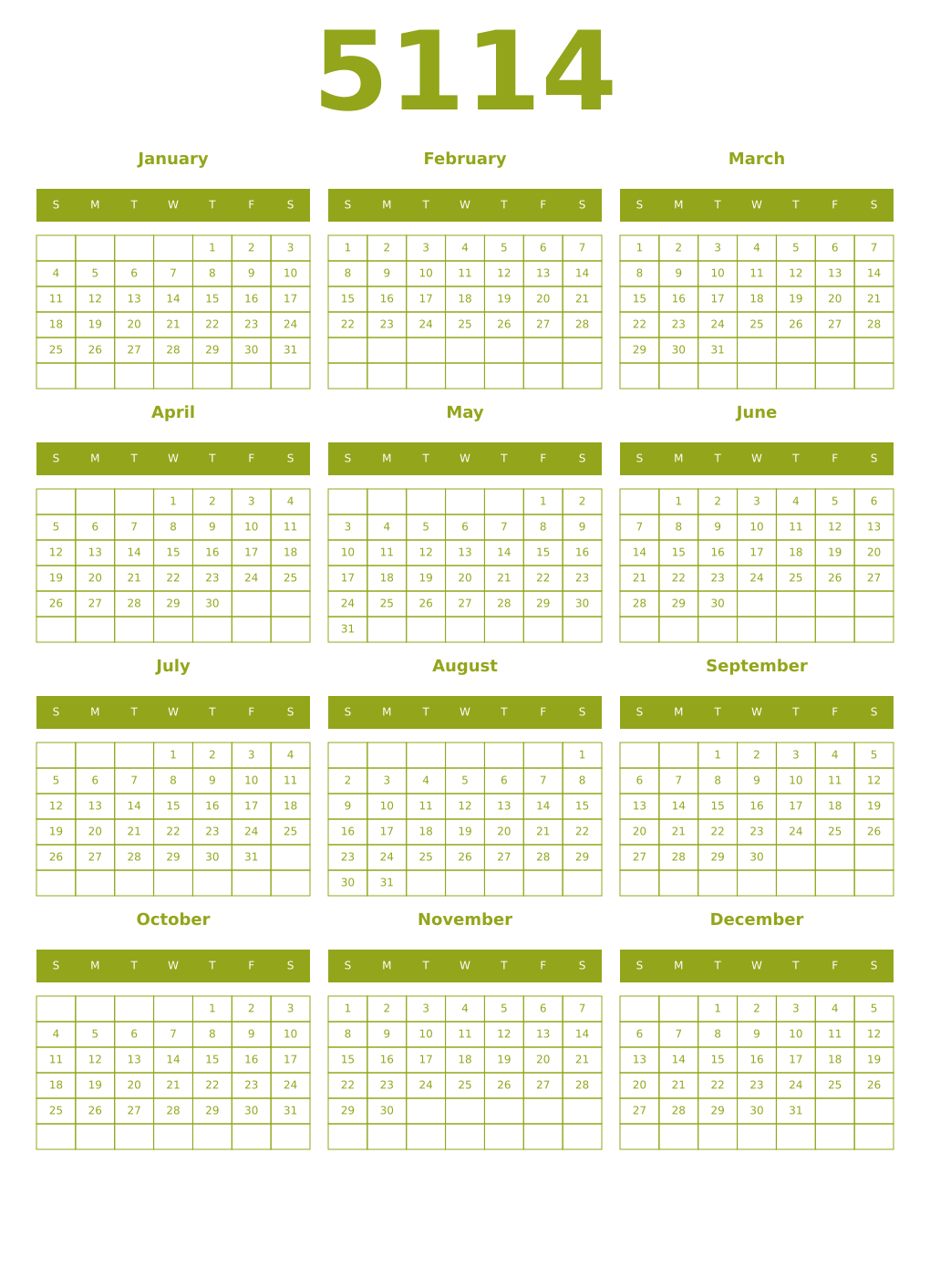 Printable 5114 Year Calendars chartreuse