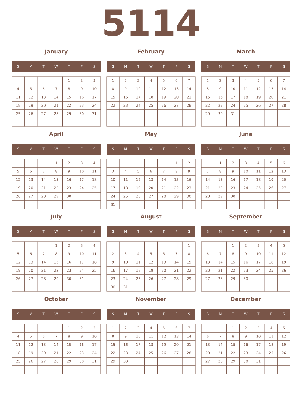 Printable 5114 Year Calendars coffe