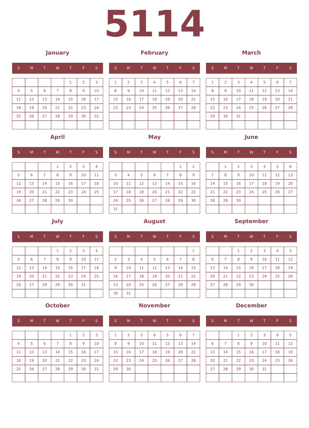 Printable 5114 Year Calendars cordovan