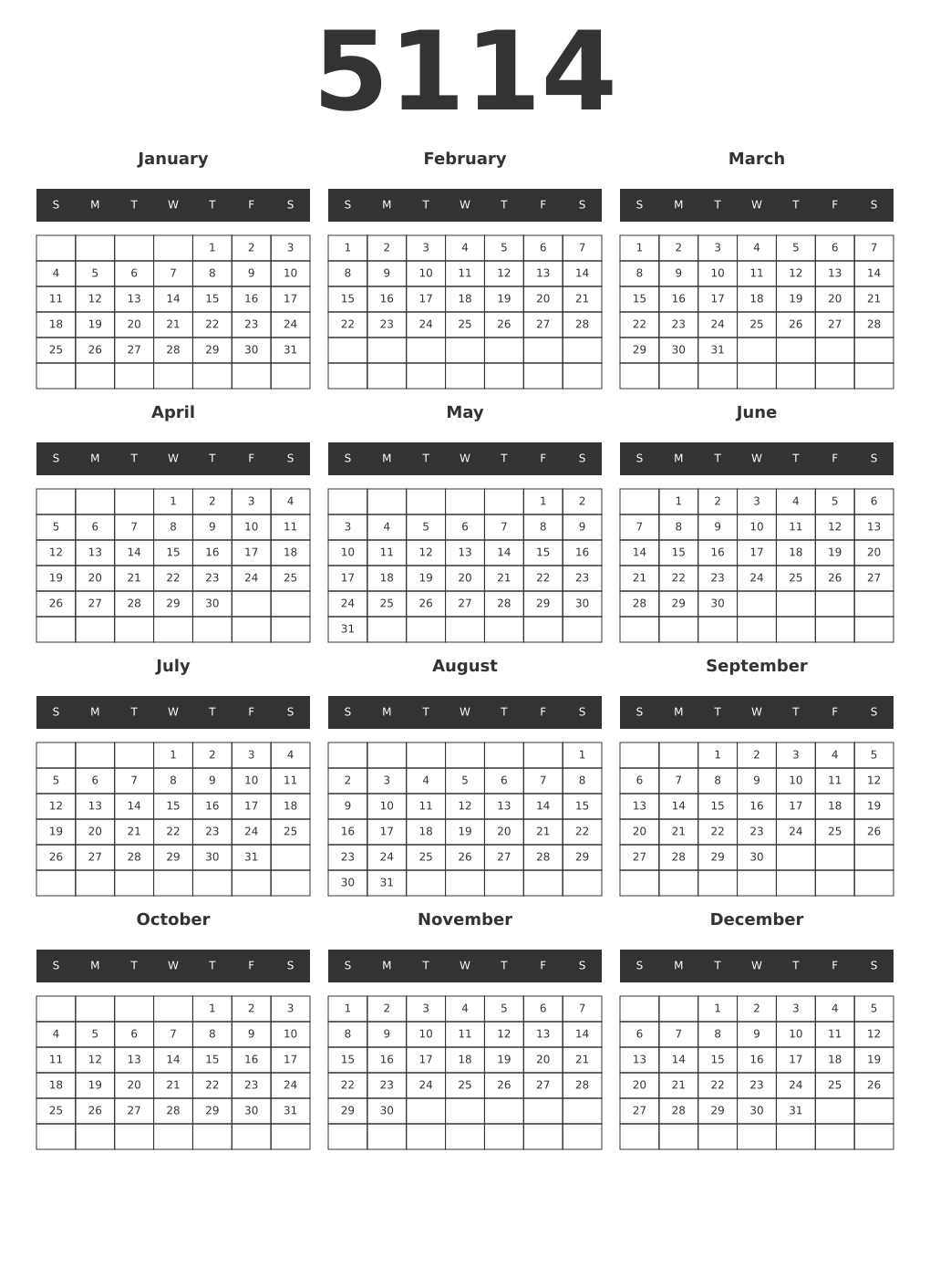 Printable 5114 Year Calendars dark