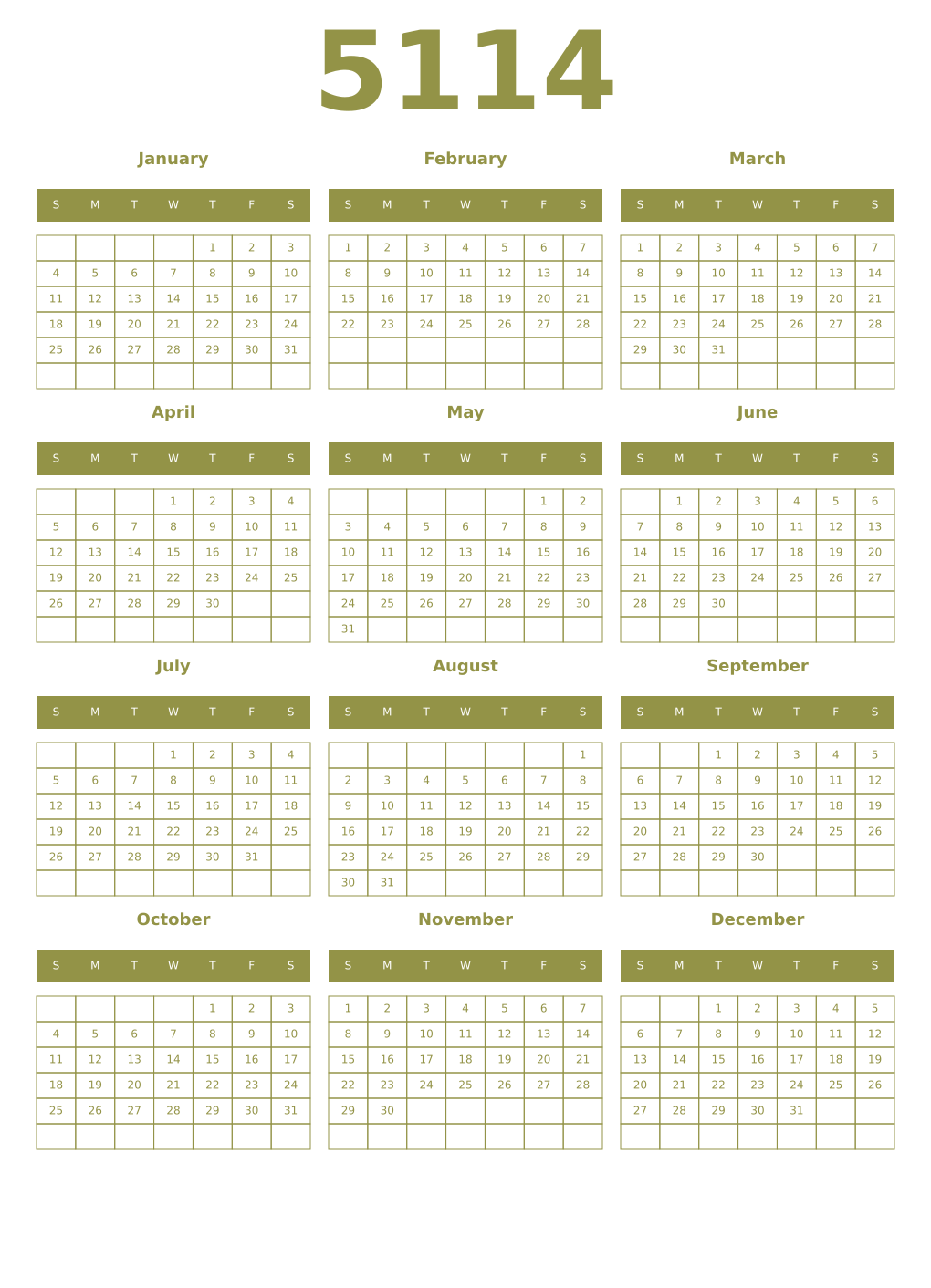 Printable 5114 Year Calendars eburnean