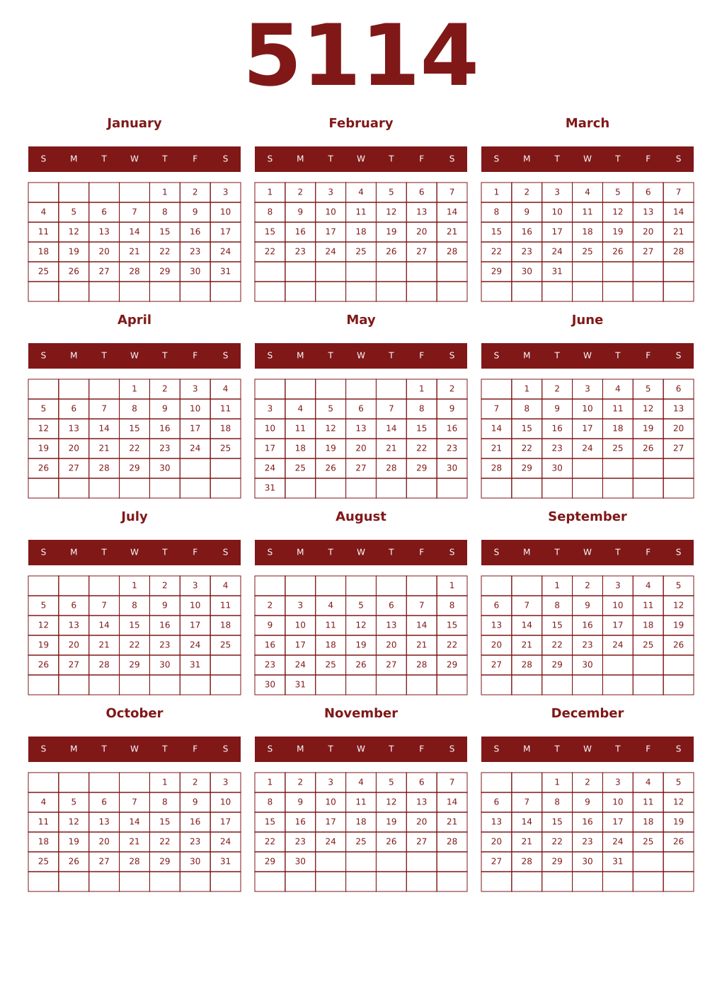 Printable 5114 Year Calendars falu