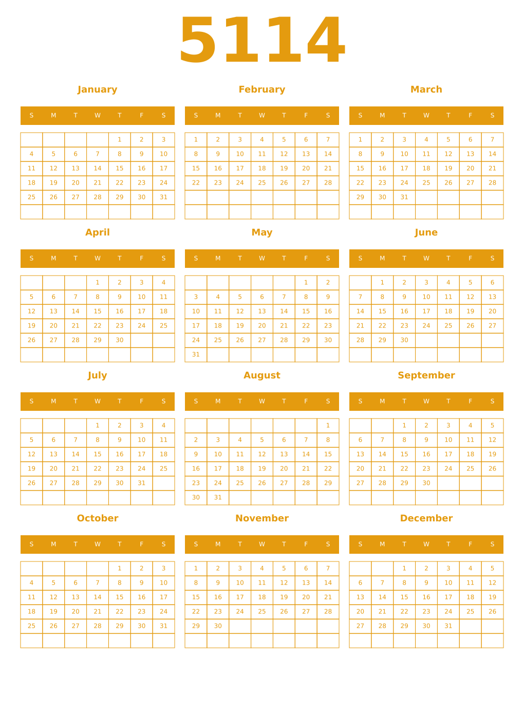 Printable 5114 Year Calendars gamboge