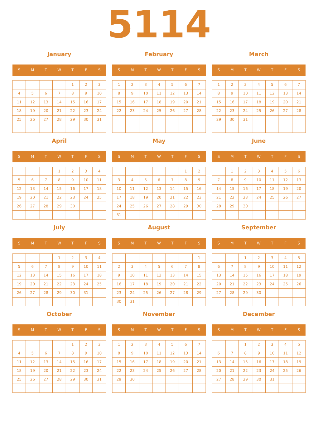 Printable 5114 Year Calendars orange