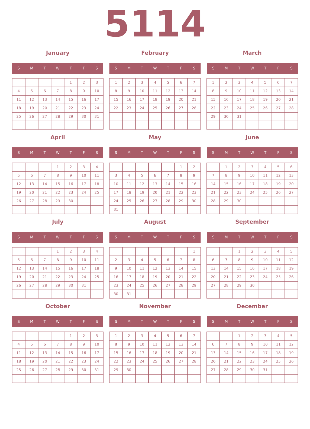 Printable 5114 Year Calendars puce