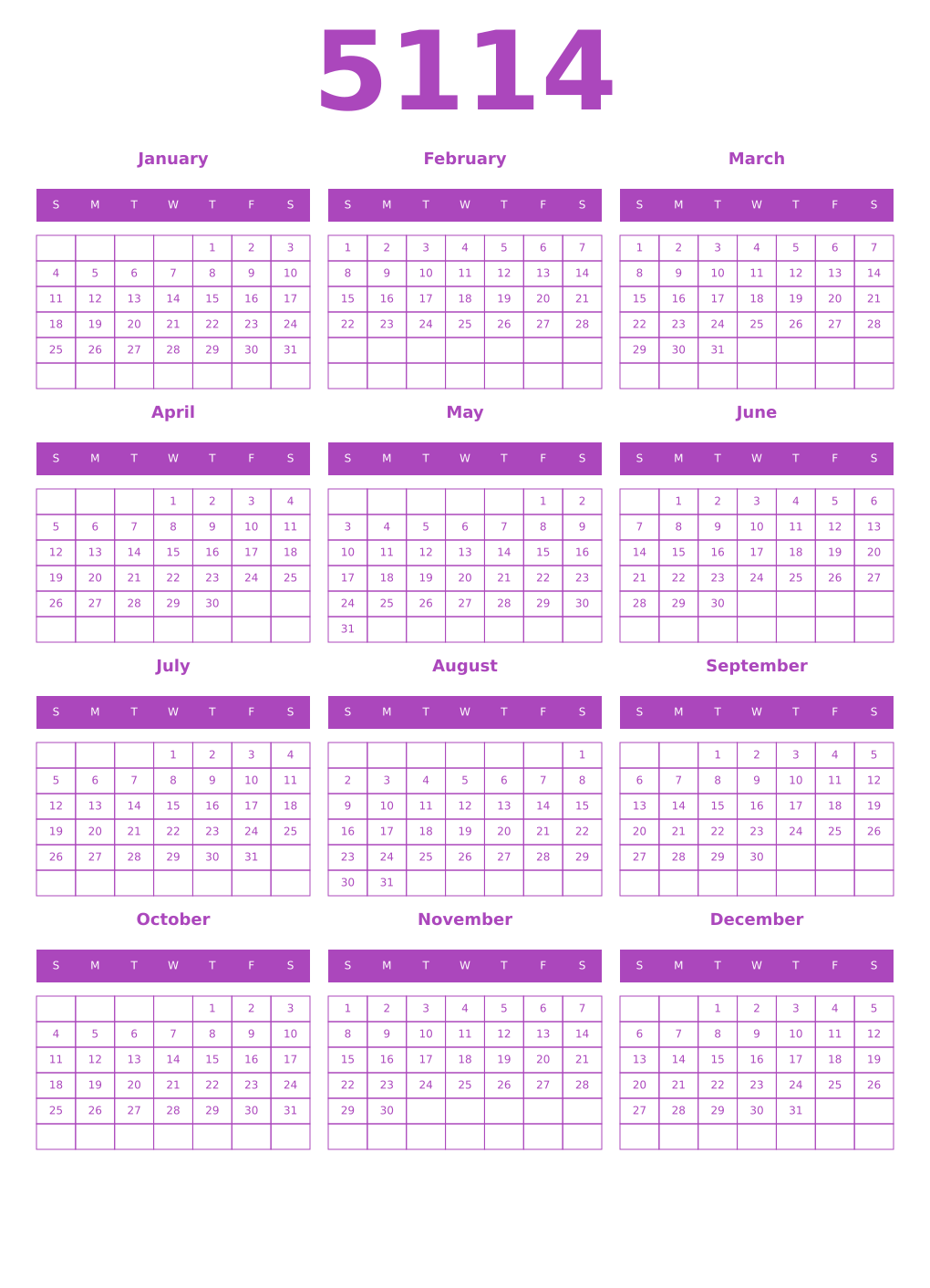 Printable 5114 Year Calendars purple