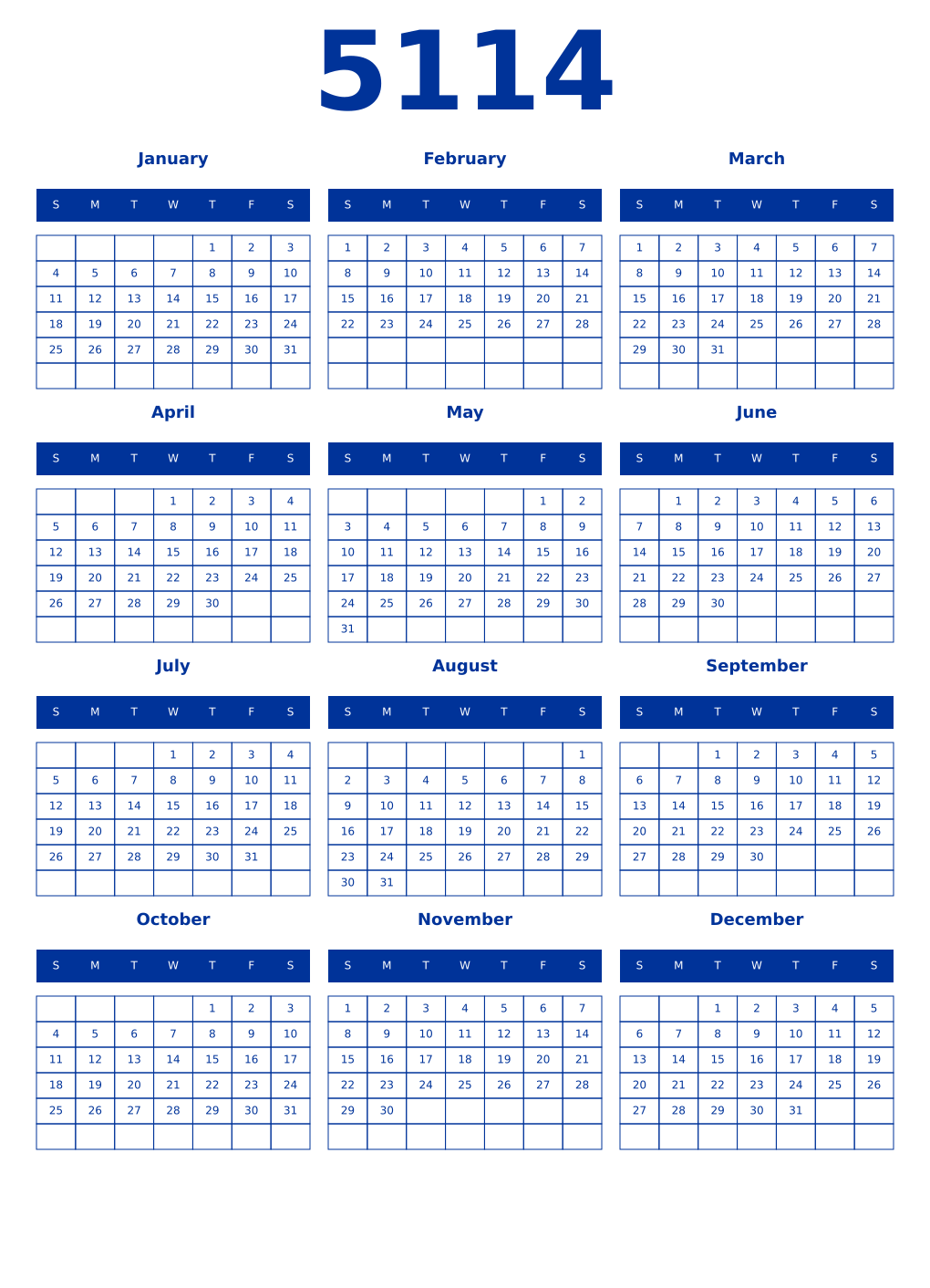 Printable 5114 Year Calendars smalt