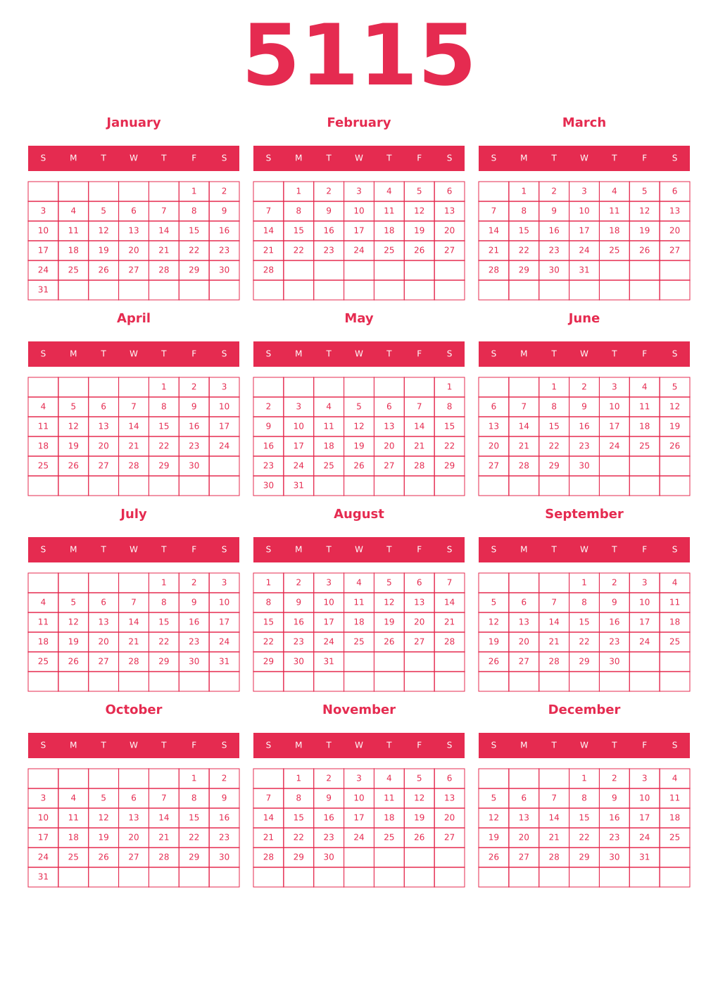 Printable 5115 Year Calendars amaranth