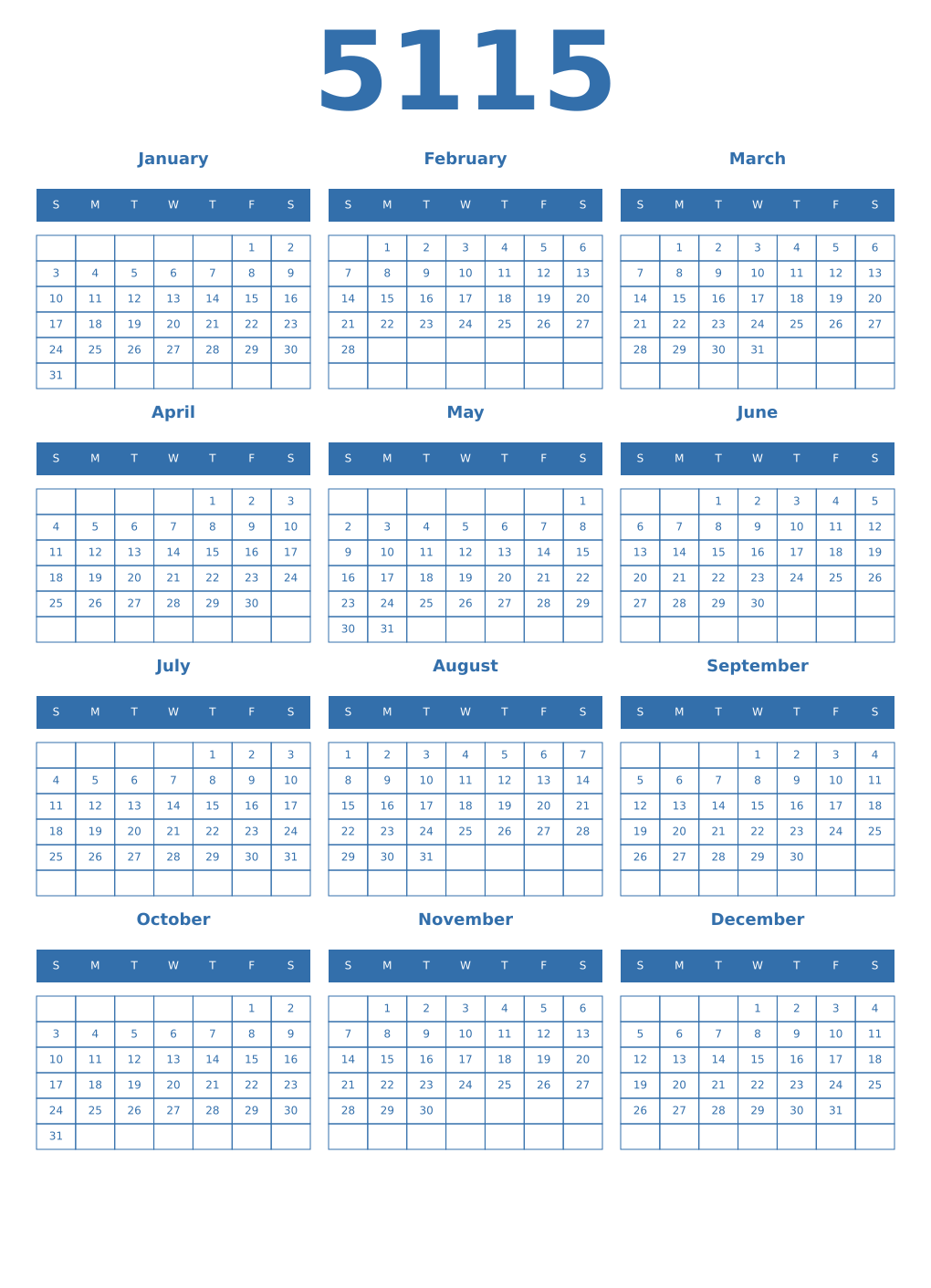 Printable 5115 Year Calendars blue