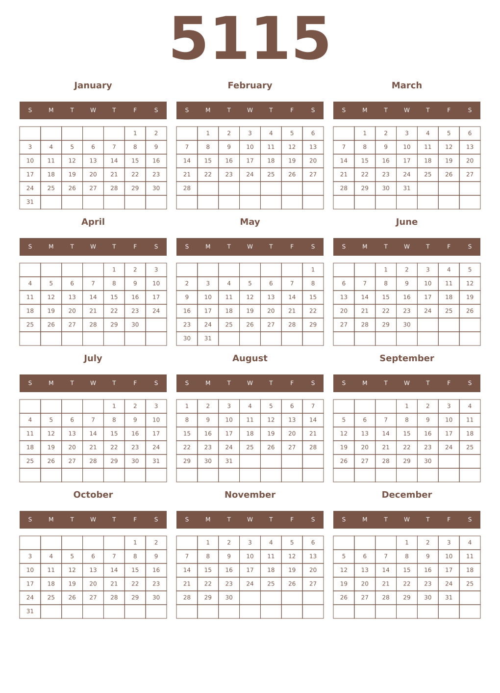 Printable 5115 Year Calendars coffe