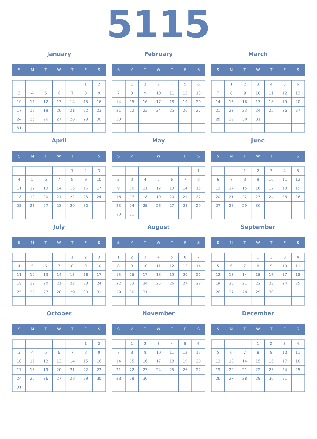 Printable 5115 Year Calendars glaucous