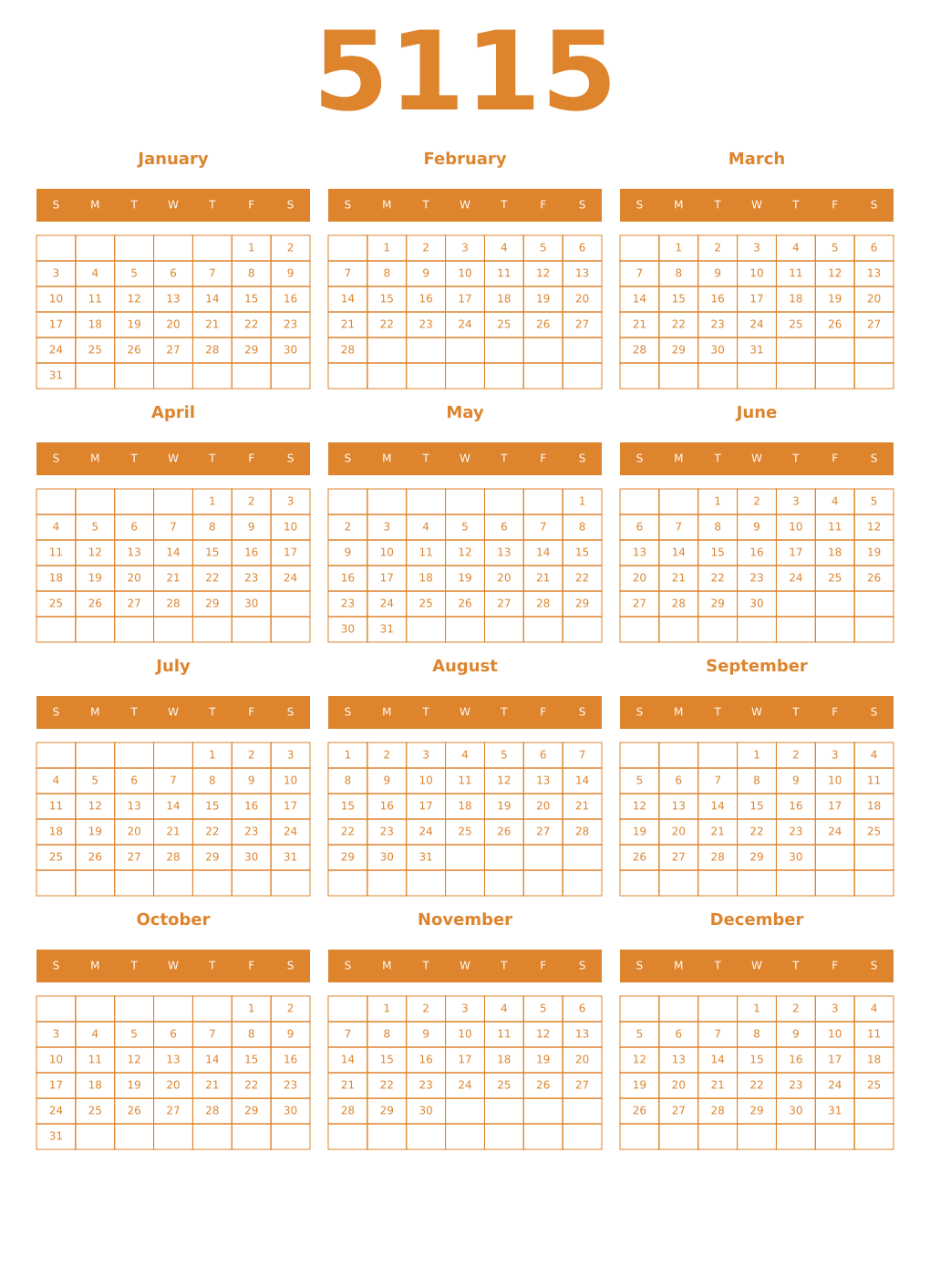 Printable 5115 Year Calendars orange
