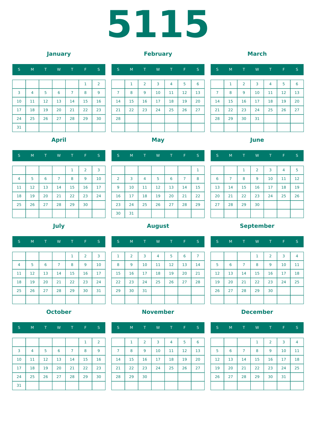 Printable 5115 Year Calendars pastel