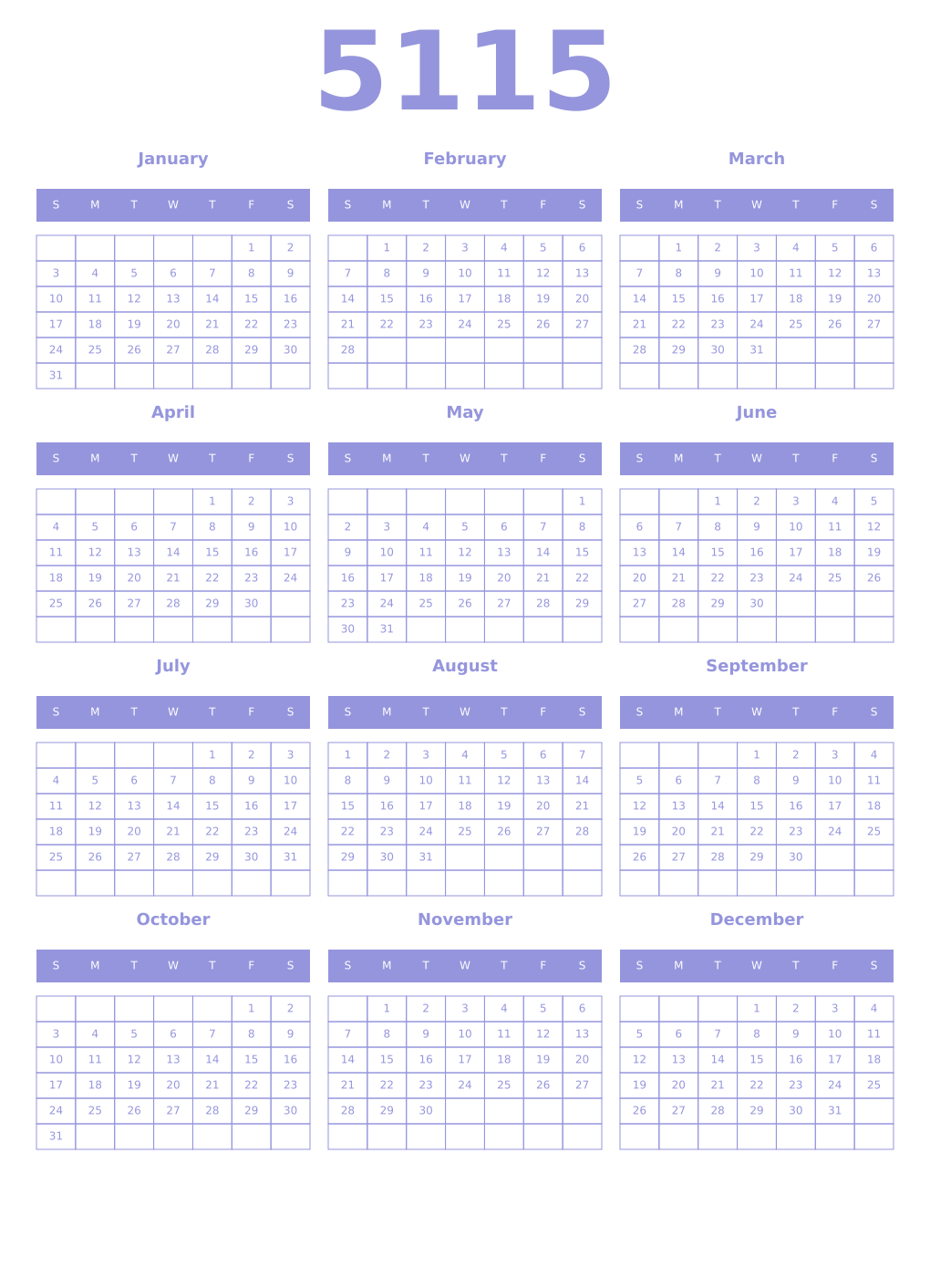 Printable 5115 Year Calendars periwinkle
