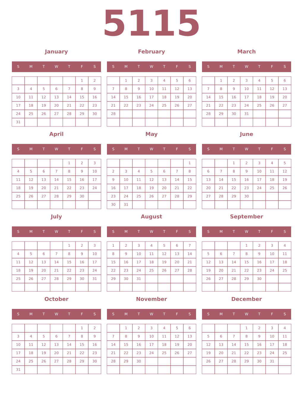 Printable 5115 Year Calendars puce