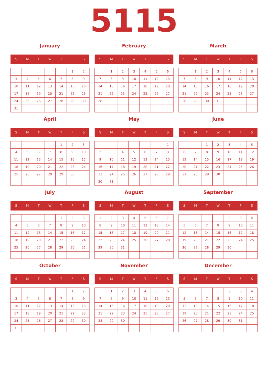 Printable 5115 Year Calendars red