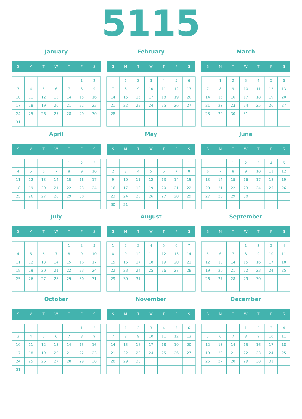 Printable 5115 Year Calendars verdigris