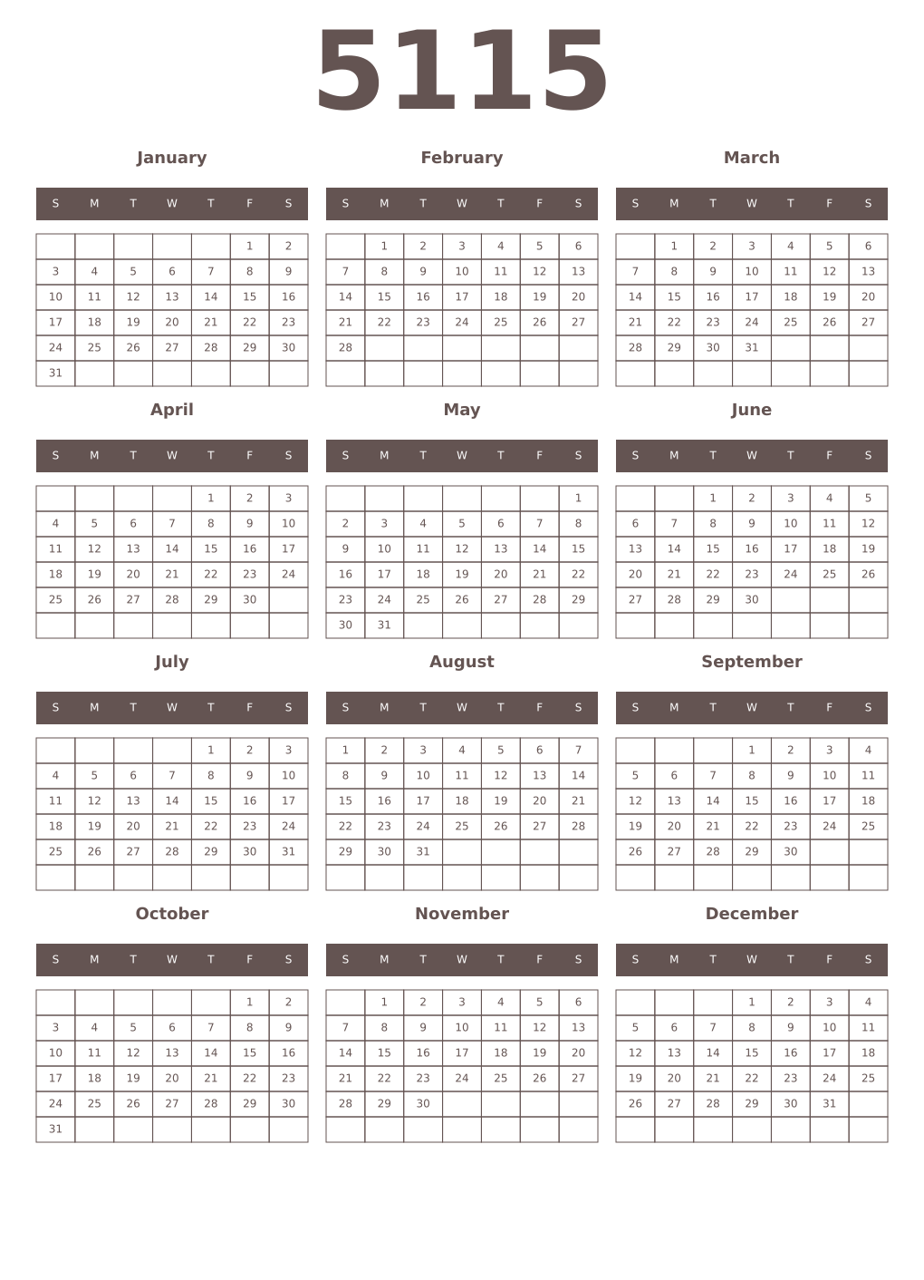 Printable 5115 Year Calendars wenge