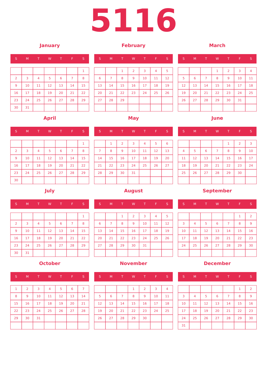 Printable 5116 Year Calendars amaranth
