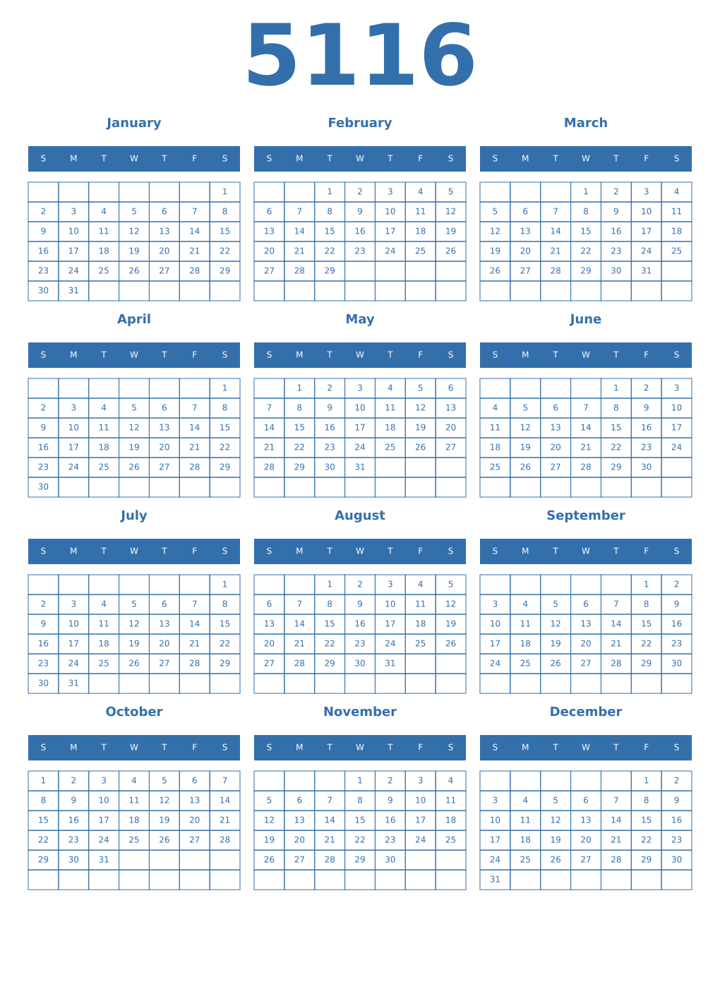 Printable 5116 Year Calendars blue