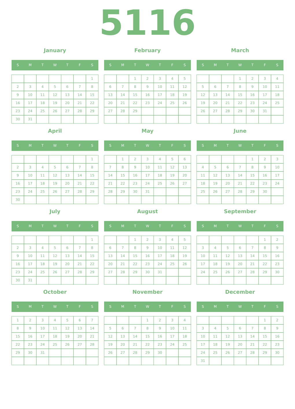 Printable 5116 Year Calendars celadon
