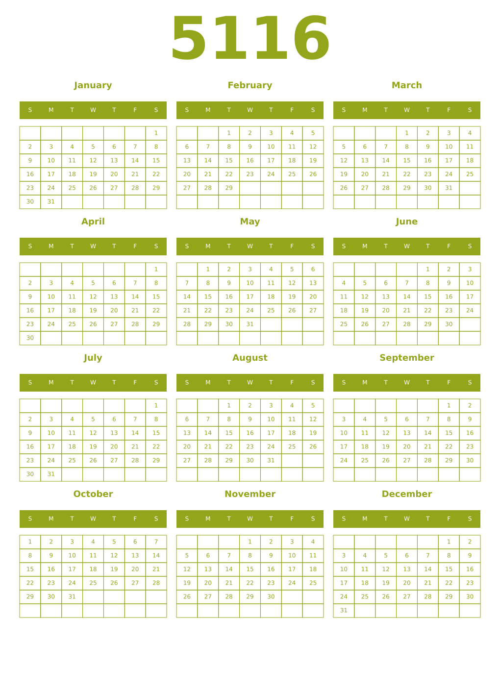 Printable 5116 Year Calendars chartreuse