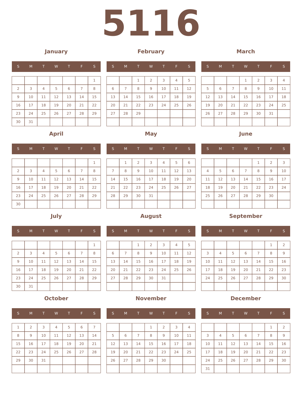 Printable 5116 Year Calendars coffe