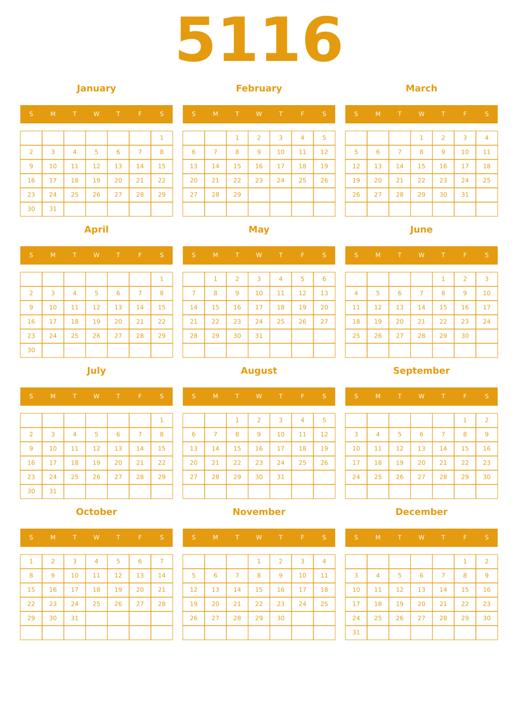 Printable 5116 Year Calendars gamboge