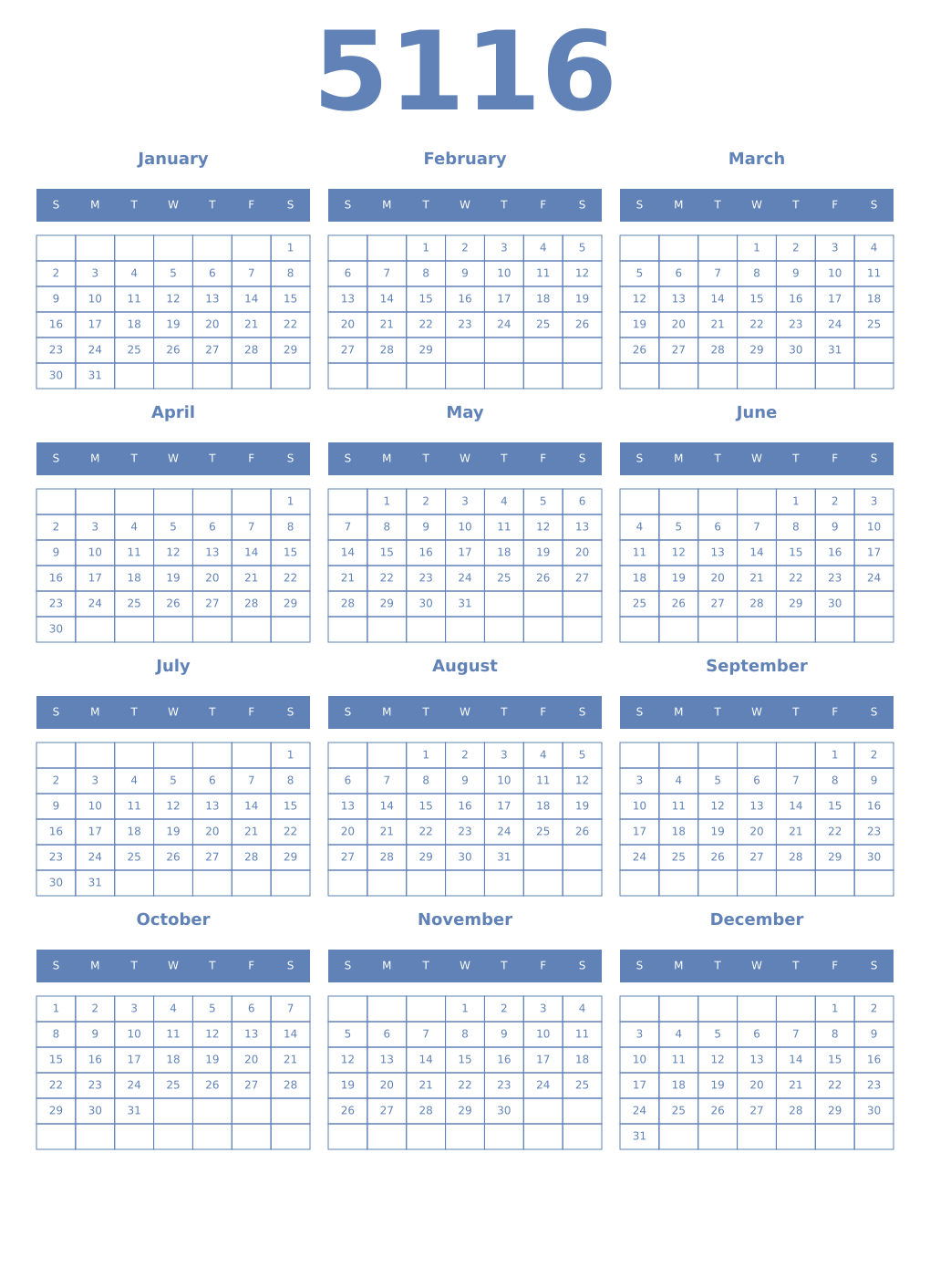 Printable 5116 Year Calendars glaucous