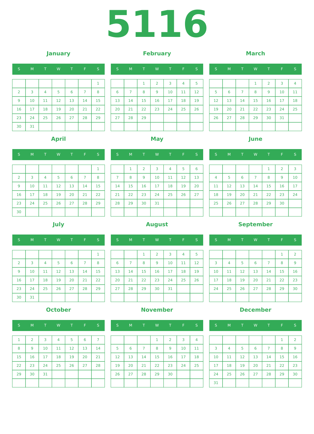 Printable 5116 Year Calendars green
