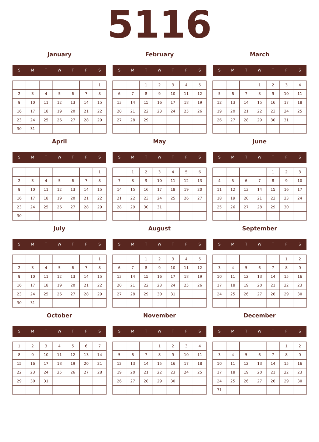 Printable 5116 Year Calendars mortuum