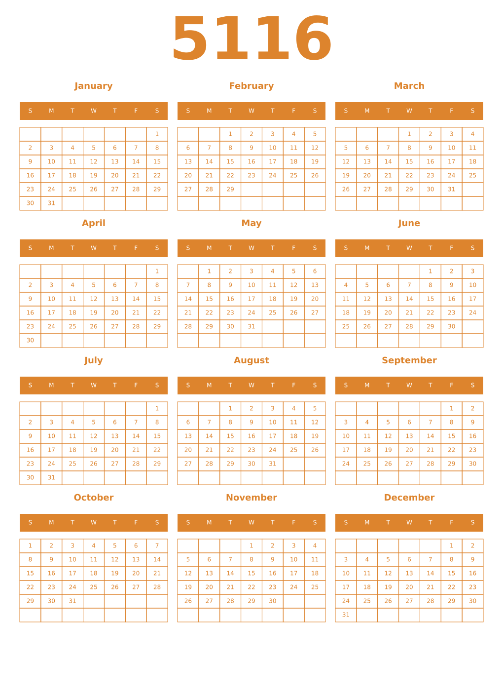 Printable 5116 Year Calendars orange