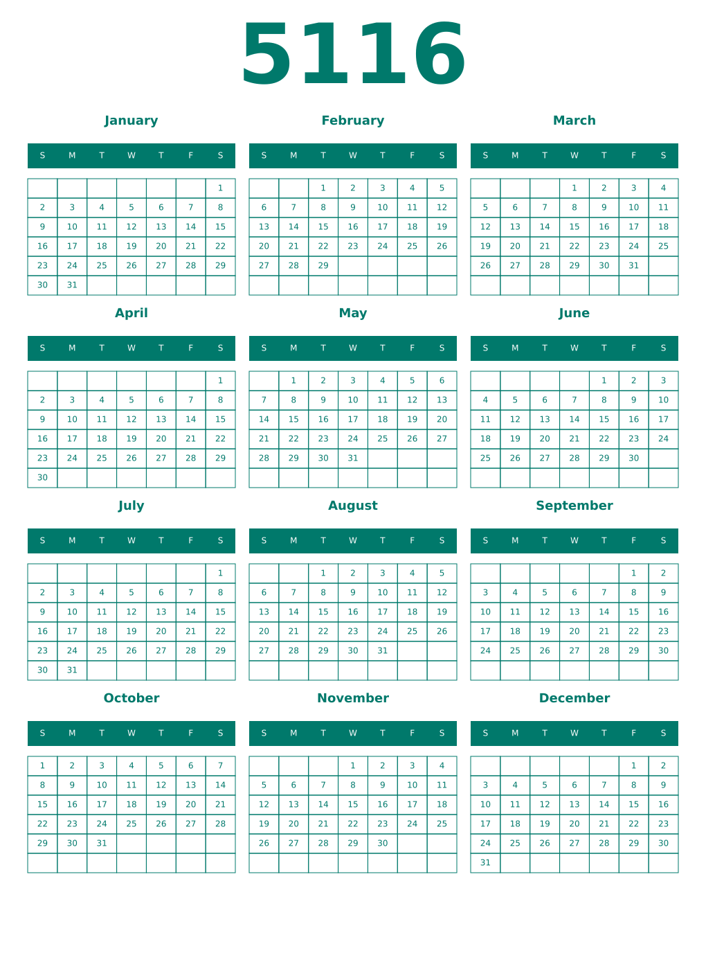 Printable 5116 Year Calendars pastel
