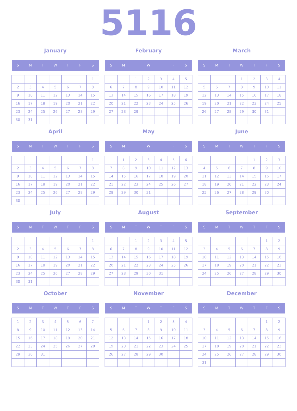 Printable 5116 Year Calendars periwinkle