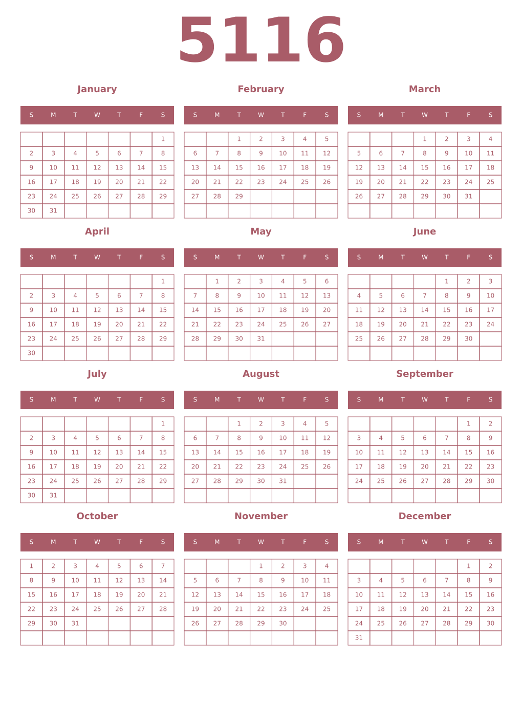 Printable 5116 Year Calendars puce
