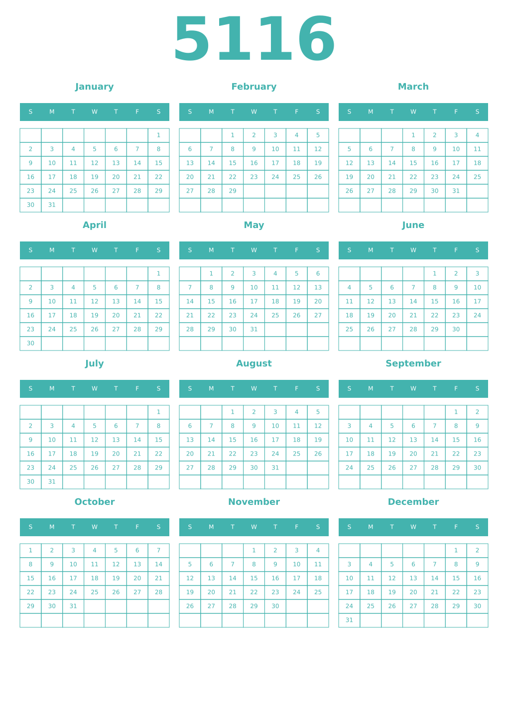 Printable 5116 Year Calendars verdigris