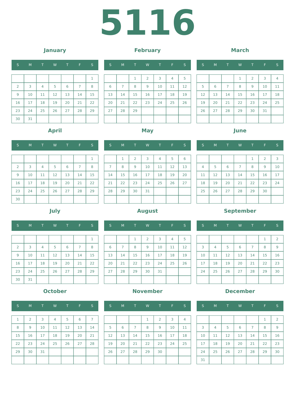 Printable 5116 Year Calendars viridian