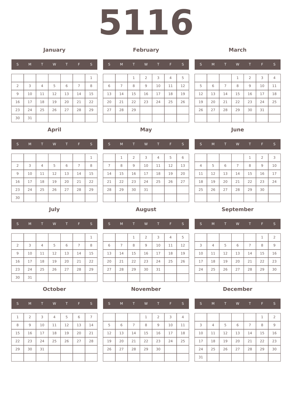 Printable 5116 Year Calendars wenge
