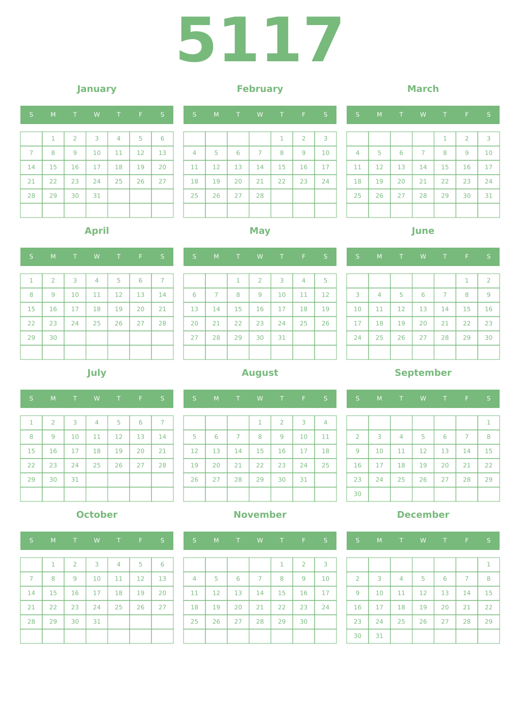 Printable 5117 Year Calendars celadon