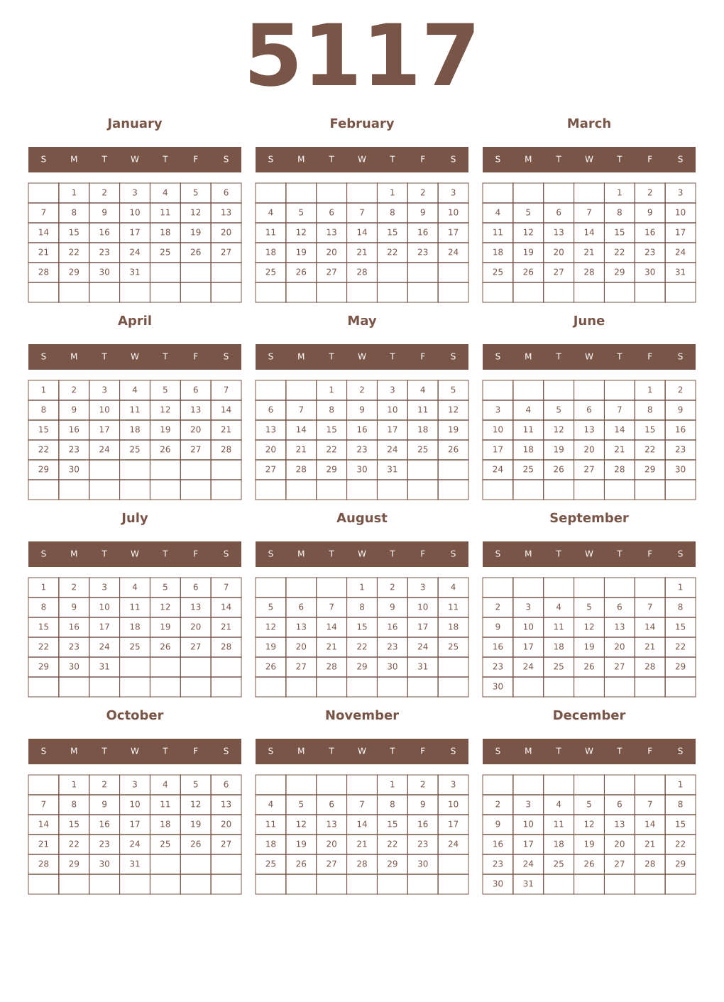 Printable 5117 Year Calendars coffe
