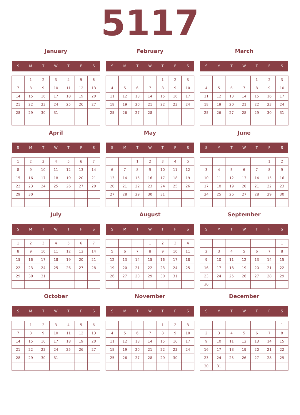 Printable 5117 Year Calendars cordovan