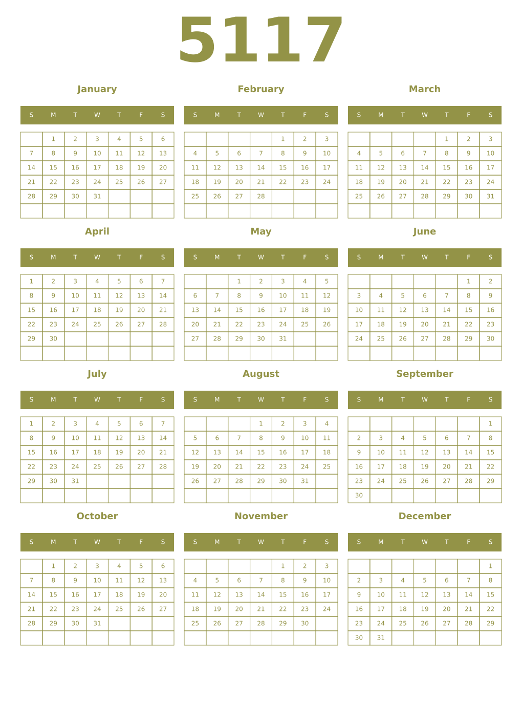 Printable 5117 Year Calendars eburnean