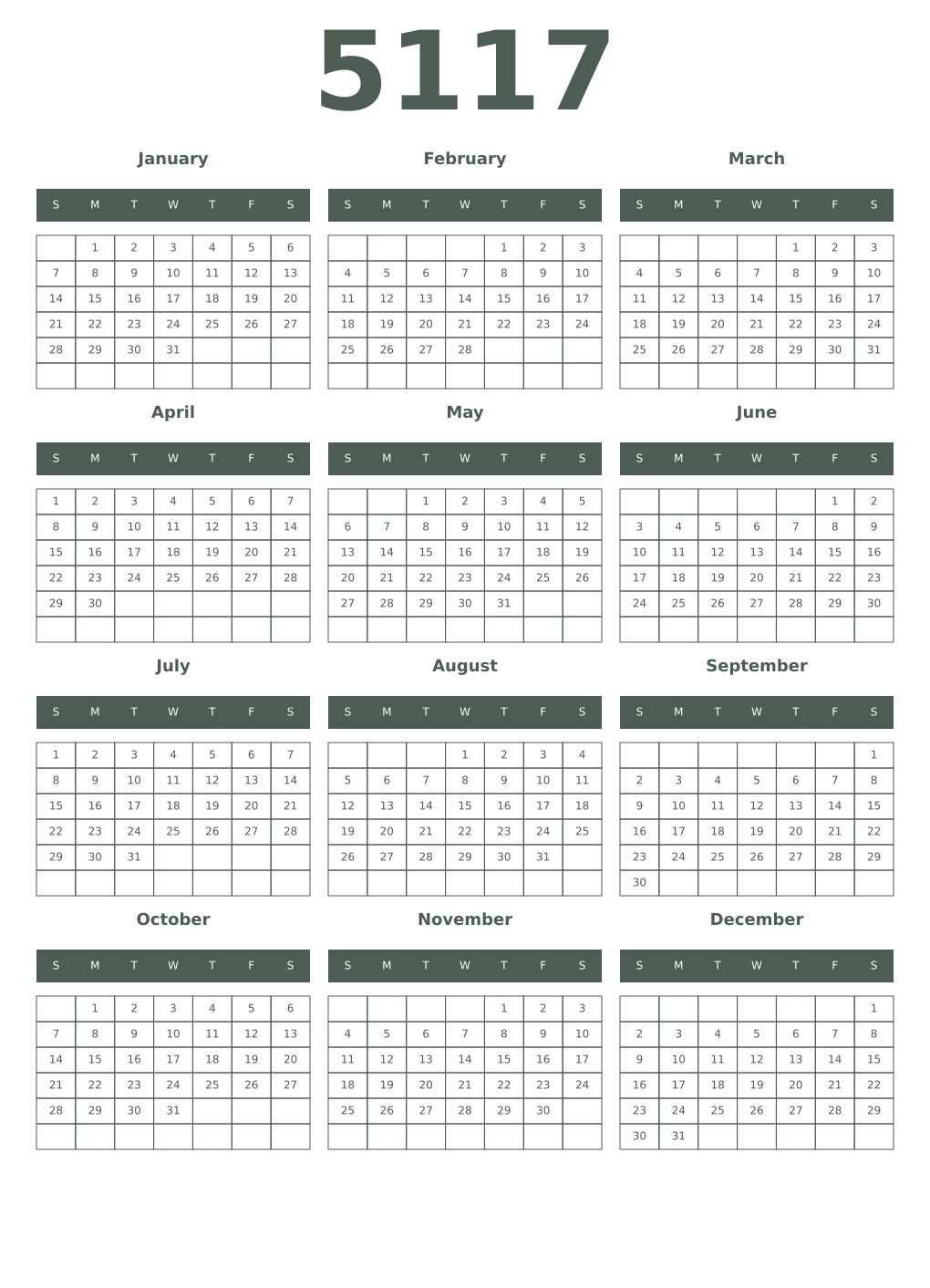 Printable 5117 Year Calendars feldgrau