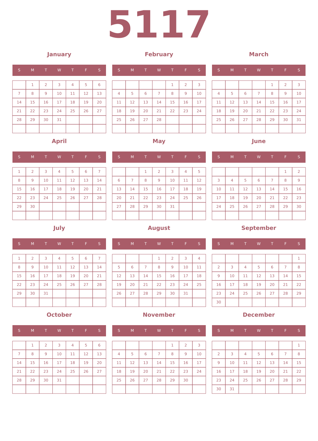 Printable 5117 Year Calendars puce