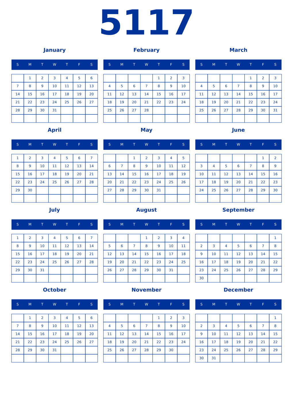 Printable 5117 Year Calendars smalt