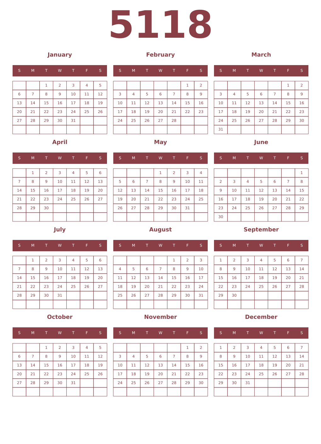 Printable 5118 Year Calendars cordovan