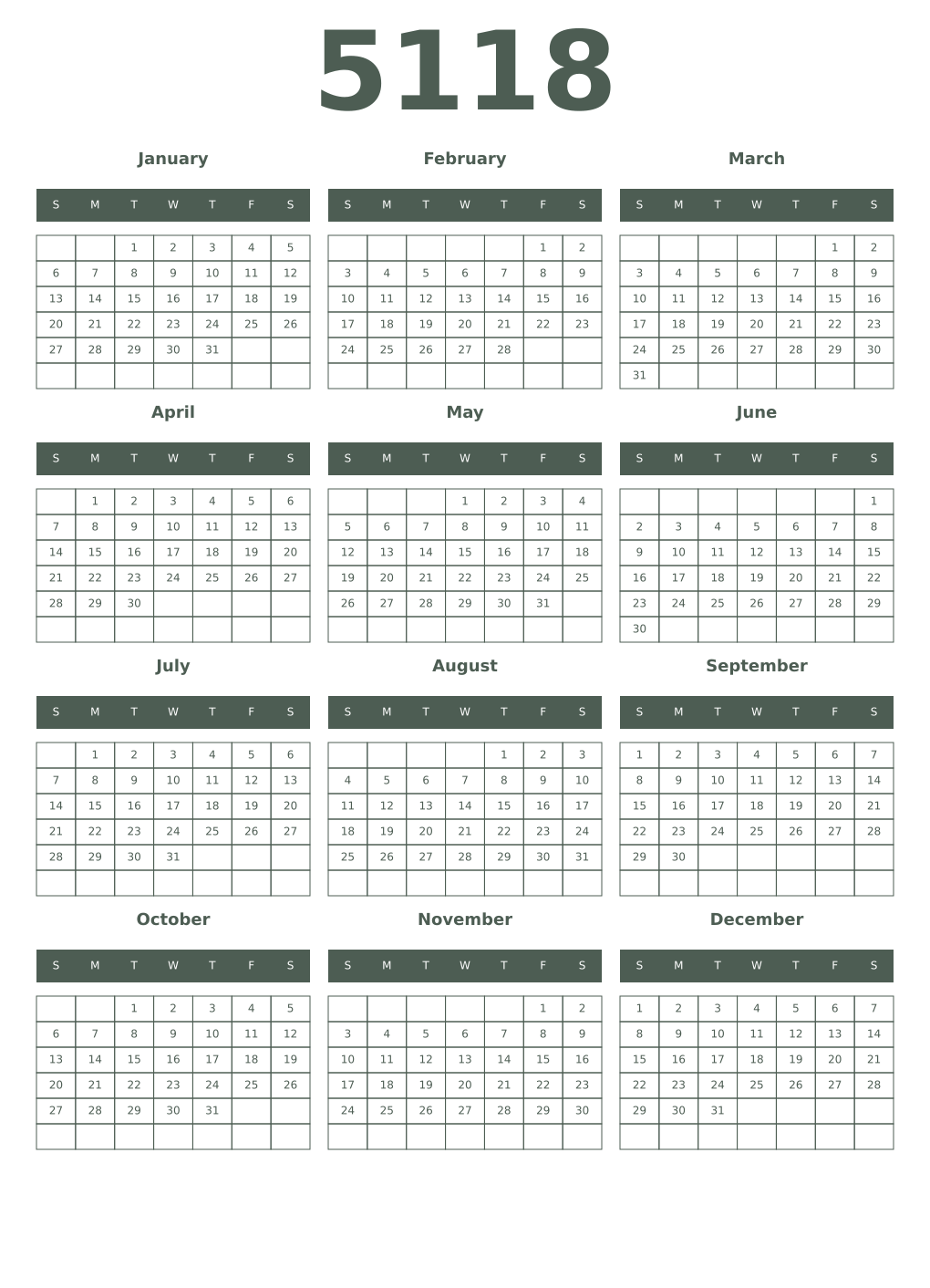 Printable 5118 Year Calendars feldgrau