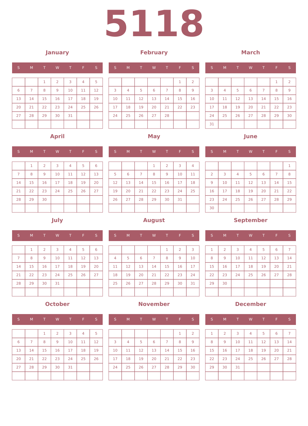 Printable 5118 Year Calendars puce