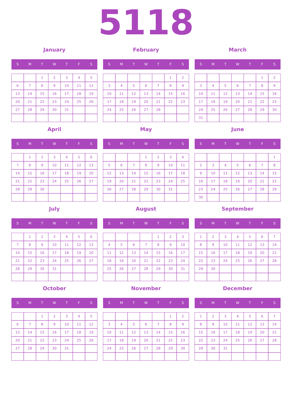 Printable 5118 Year Calendars purple