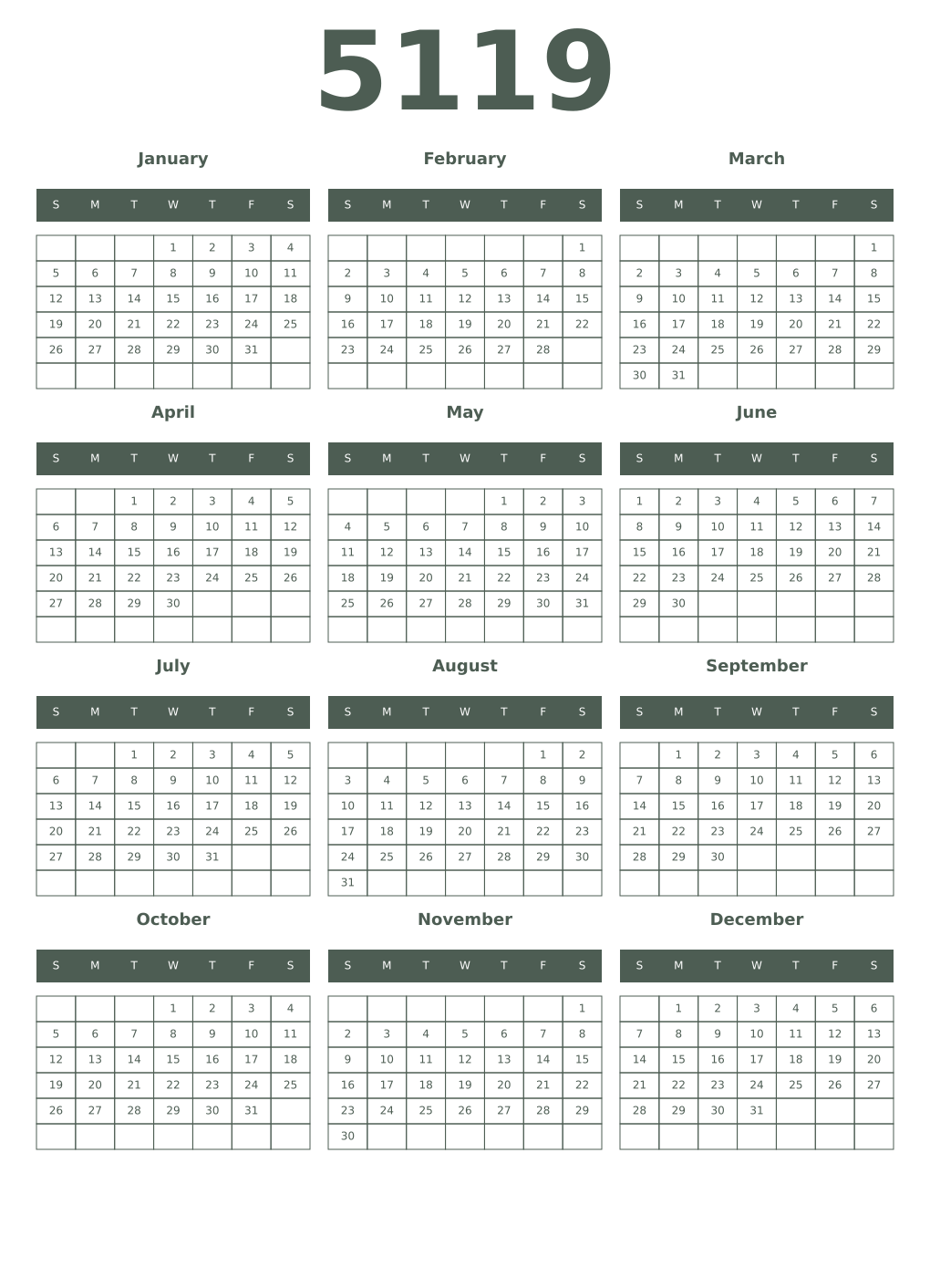 Printable 5119 Year Calendars feldgrau